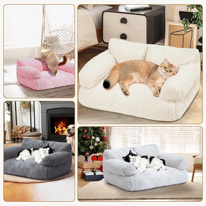 Large Cat Beds for Indoor Cats, Dog Couch Bed, Cute Cat Couch Sofas for Less 20lbs Kitten Puppy, Small Dog Sofas & Chairs with Removable Washable Cover, Soft Warm Pet Furniture, Cream