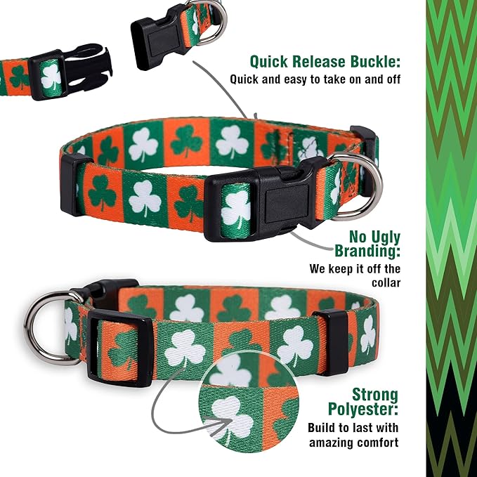 Native Pup St Patricks Dog Collar- Saint Patrick Green Shamrock Pet Collars- St. Patrick’s Lucky Irish- Adjustable for Small, Medium, Large Breeds (Green & Orange Shamrock, Large)