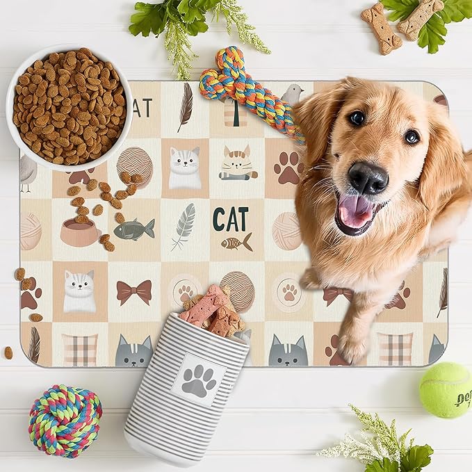 Cute Cat Toy Print Dog Food Mat for Floors,Absorbent Pet Food and Water Bowl Mats,Non-Slip Pet Feeding Mat,Pet Supplies 12" x 20"