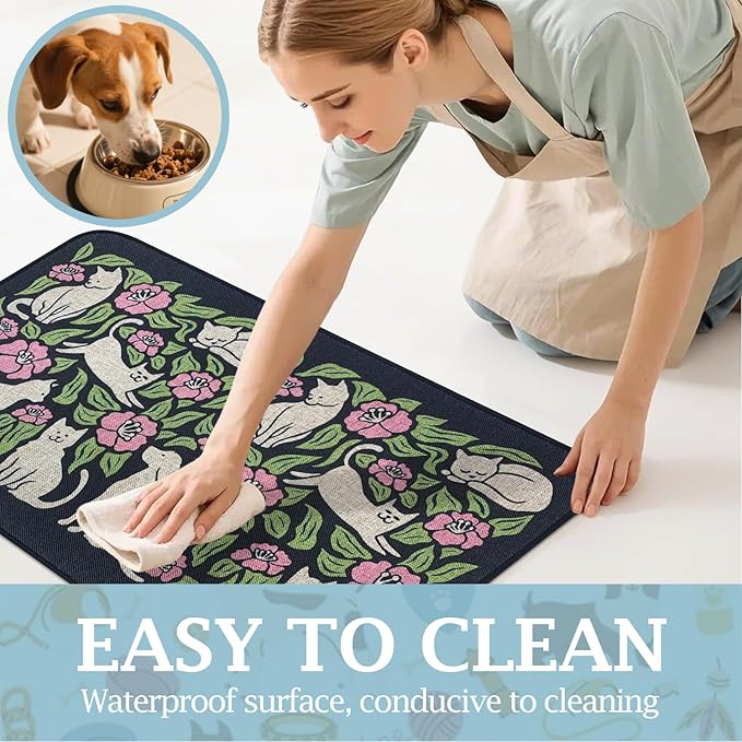 SHIYUE Dog Food Mats for Floors, Absorbent Cat Bowl for Food and Water, Non-Slip Accessories Pet Supplies(12"x20",Black Animal Flower)