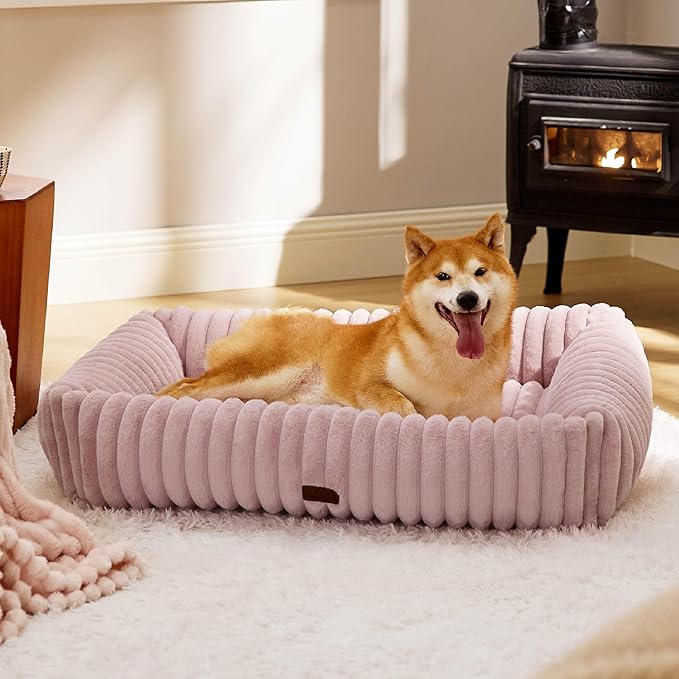 Bedsure ComfyFleece™ Cute Dog Bed for Large Dogs - Washable Furry Puppy Beds, Rectangle Orthopedic Corduroy Fleece Pet Beds with Removable Zipper Cover, 36x27x8inches, Blush Pink