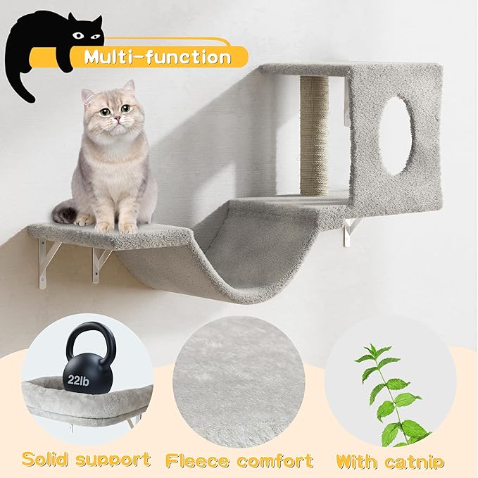 NUNU LAB Wall Mounted Cat Climber Set, 6 Pcs Cat Furniture Set with House, Bridge, Steps, Scratcher Board and Hammock, Shelves for Indoor, Luxury Walls Furniture(Gray)