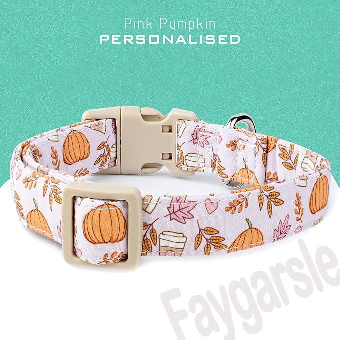 Faygarsle Fall Pumpkin and Leaves Pattern Dog Collar with Charm, Adjustable Pet Neckwear, Pink and Orange for Small Medium Large Dogs L