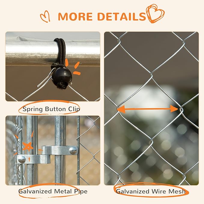 PawHut Outdoor Dog Kennel, Heavy Duty Dog Run Outdoor Fence with Waterproof Cover, Galvanized Chain Link, Secure Lock, for Large Breeds, Chickens, Ducks, 15' x 15' x 7.5'