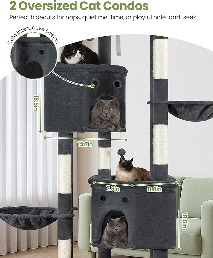 Extra Large Cat Tree, 84 Inch XXL Giant Cat Tower for Indoor Cats Large Adult 20lb+, Multi-Level Cat Climbing Condo with 5 Scratching Posts, 3 Wide Platform Perches, 2 Baskets, 2 Cat Caves, Dark Grey