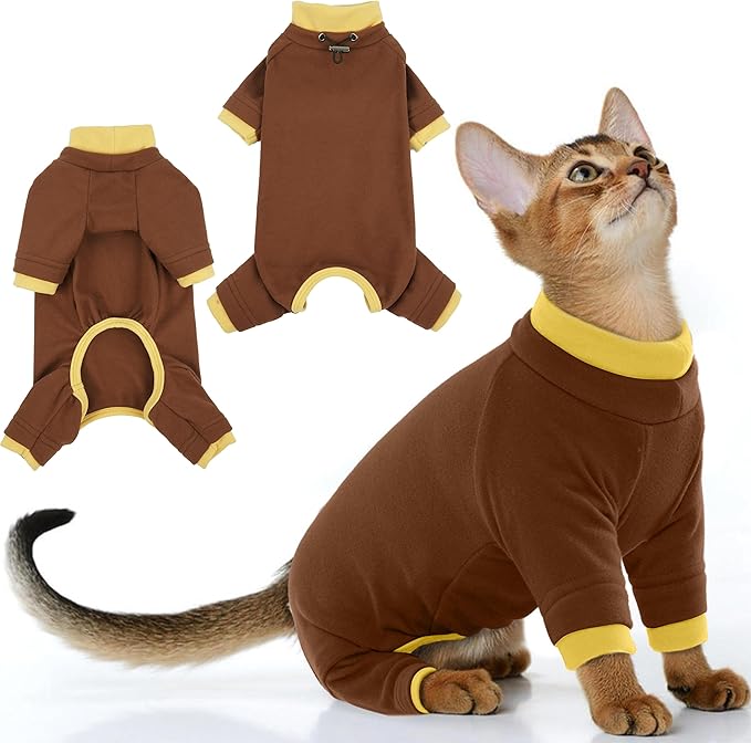 PUMYPOREITY Cat Recovery Suit, Stops Wound Licking After Surgery, Sticky Hair Shirt with Sticky Fabric, Cat Pajamas Prevents Over-Grooming, Brown, S
