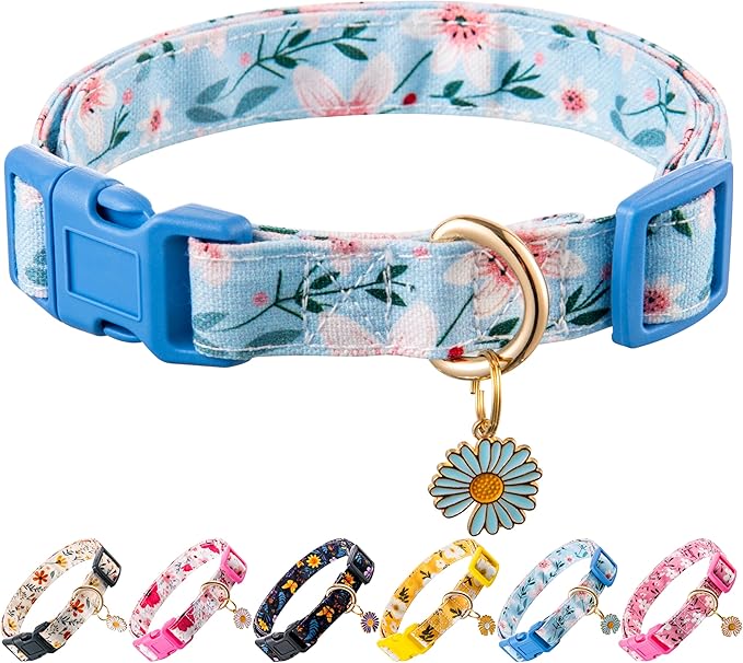 Cotton Dog Collar Blue Flower Pattern for Boys and Girls Cute Dog Collars Summer Fall Gift Adjustable for Small to Medium Breed Dogs (XS)