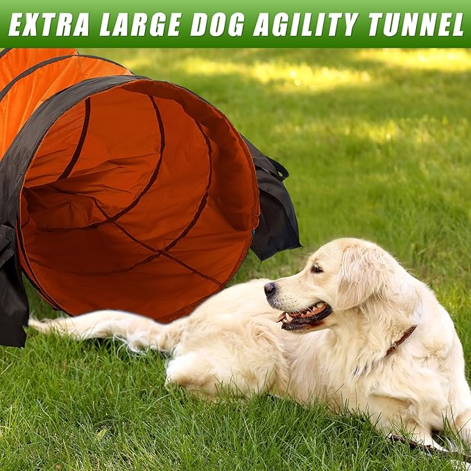 28 in 10 Foot Orange Extra Large Dog Agility Tunnel with Sandbags Dogs Agility Training Equipment Tunnel with 3 Pack Sandbags Carry Bag and 4 Ground Spikes for All Medium and Large Dogs