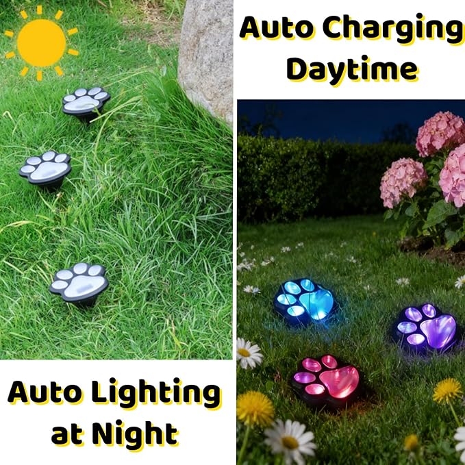 3pcs-Solar Paw Print Lights, Wireless of Cat Dog Animal Solar Lights Outdoor Garden Decor, IP55 Waterproof LED Yard Path Light, New Home Birthday Easter Gift for Pet Lovers (Colored Light)