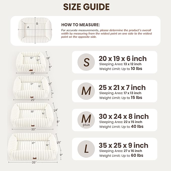 Washable Dog Bed for Small Medium Dogs - Rectangle Orthopedic Corduroy Fleece Pet Bed with Removable Cover and Nonskid Bottom, Calming Puppy Bed Soft Pet Sofa, Cream(25x21x7inchs)