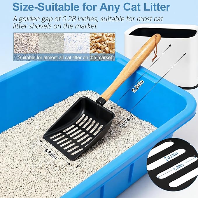 Cat Litter Scoop, Metal Litter Scoop, Heavy Duty Metal Cat Scooper for Litter Box, Black Sifter Scoop for Pellets, Wooden Handle Scoop with Hole, Kitty Necessity (9.8" Handle with Holder)