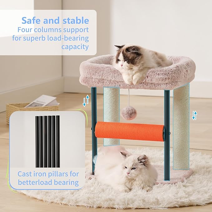 Hey-brother Cat Tree Tower with Rolling Scratching Post, Spacious Plush Platforms, Fully Sisal-Wrapped Column and Plush Toy Ball, Sturdy Bed for Indoor Kittens, 18.9 inches, Muchroom MPJ010SMU