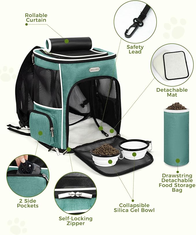 BAGLHER Expandable Cat Carrier Backpacks, Retractable Pet Carrier Backpack for Small Dogs & Cats with Breathable Mesh, Travel Bag Up to 18 Lbs for Hiking Camping Outdoor - Green