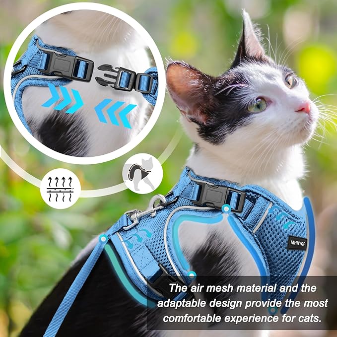 Cat Harness, Cat Harness and Leash for Walking, Escape Proof Soft Adjustable Vest Harnesses for Cats, Easy Control Breathable Reflective Strips Harness, Kitten Harness and Leash Set, Blue, S
