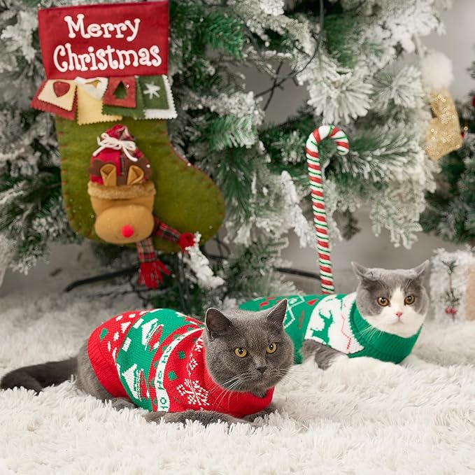 Stretchy Cat Christmas Sweater - 2 Packs Christmas Sweaters for Cats | Snug Winter-Ready Knit for Boy/Girl Cats & Kittens(Scarlet, X-Small)