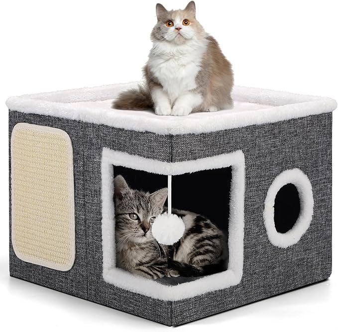 Shikha Cat Beds for Indoor Cats, Large Cat Cave with Cozy Condo, Fluffy Ball, Round Window, Foldable Indoor Cat House Hold Up to 30LBS, Cat Hideaway with Reversible Cushions for All Seasons, Grey