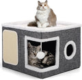 Shikha Cat Beds for Indoor Cats, Large Cat Cave with Cozy Condo, Fluffy Ball, Round Window, Foldable Indoor Cat House Hold Up to 30LBS, Cat Hideaway with Reversible Cushions for All Seasons, Grey