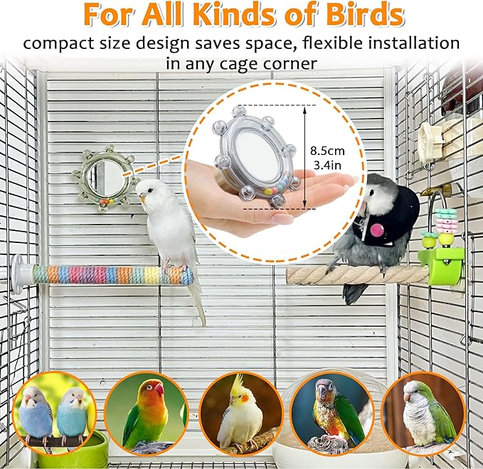 2Pcs Innovation Bird Toy with Hd Mirror, Spinner Rattle Parakeet Toy with Rustling Beads, Safely Embedded No Sharp Edges Bird Mirror for Cage, Flexibly Mounted Rotating Budgie Enrichment Fits Any Cage