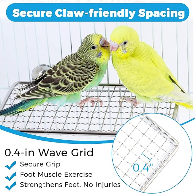2pcs Stainless Steel Bird Perches for Cage, Open-Grid Easy Clean Parrot Perch Stand, Claw-Friendly Grip Parakeet Perches Shelves, Flat Bird Platform Perch for Cockatiel, Conure, Budgie, Quaker