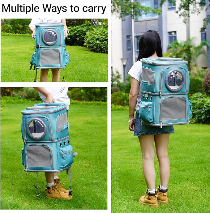 2-in-1 Pet Carrier Backpack for Two Cats or One Dog, Green Double-Layer 2 Compartment Carry Bag to Transport Small Animals Traveling and Hiking, Space Capsule Clear Bubble Dome