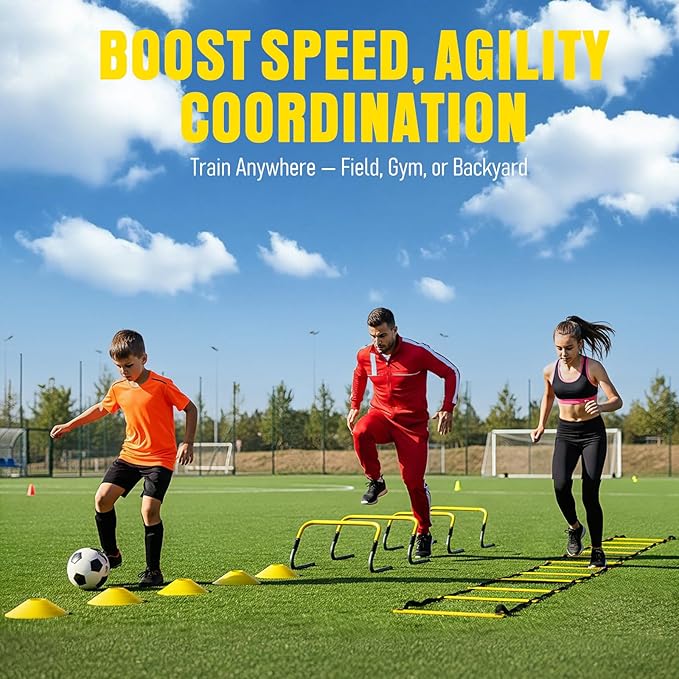 Agility Ladder, Soccer Football Training Equipment Set - 20ft Speed Ladder, 4 Hurdles,Parachute, 12 Cones & Jump Rope | Agility & Speed Training for Kids Youth Adults,Basketball & Football Accessories