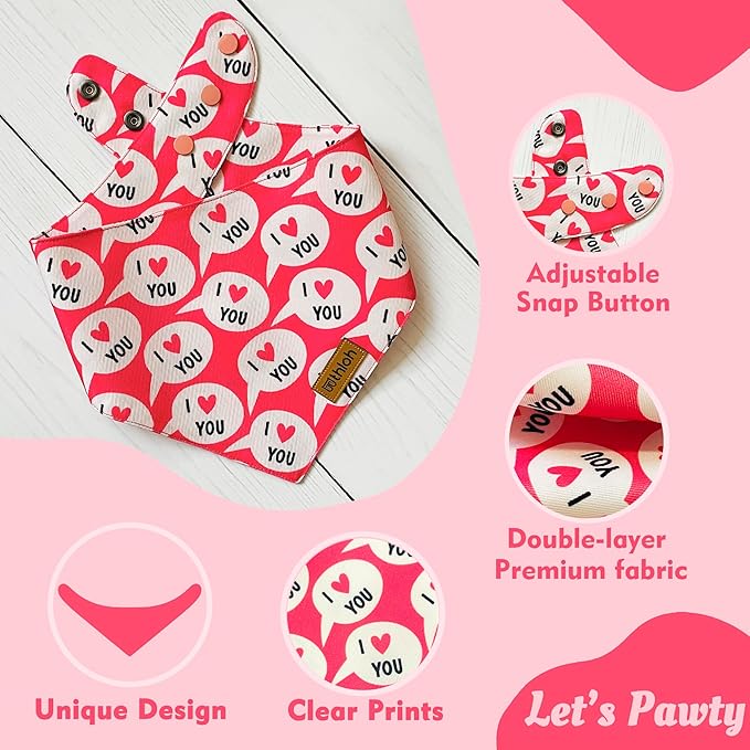 Valentines Dog Bandanas with Snap Button - 2 Pack Reversible Heart Dog Scarf for Boy & Girl, Premium Durable Fabric, Pet Bandana for Medium and Large Dogs (Large)