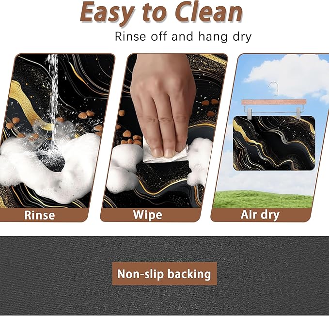 Marble Pet Feeding Mat,Black Gold Flowing Marble Absorbent Quick-Dry Cat Dog Food and Water Bowl Mats,Non-Slip Rubber Backing Mat,Cat Dog Accessories Supplies 12"x20"
