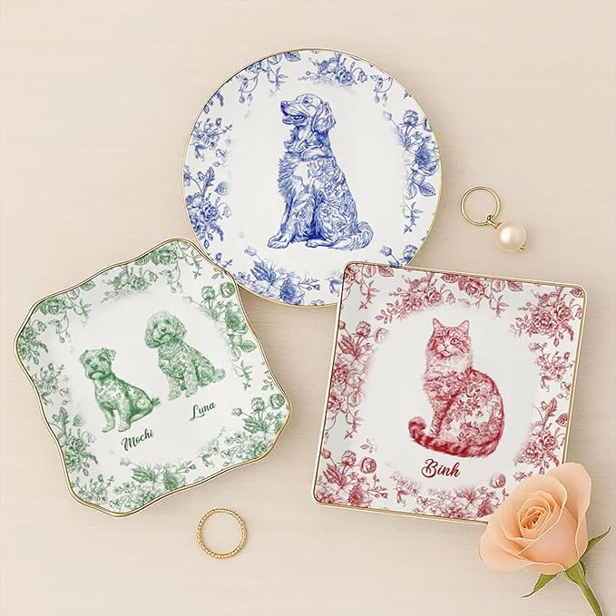 Custom Puppy Portrait Jewelry Dish, Toile De Jouy Pet Ring Dish, Personalized Dog Photo Present, Pet Mom Gift, Pet Lover Trinket Dish, Decorative Trinket Tray for Pet Lovers Home Decor