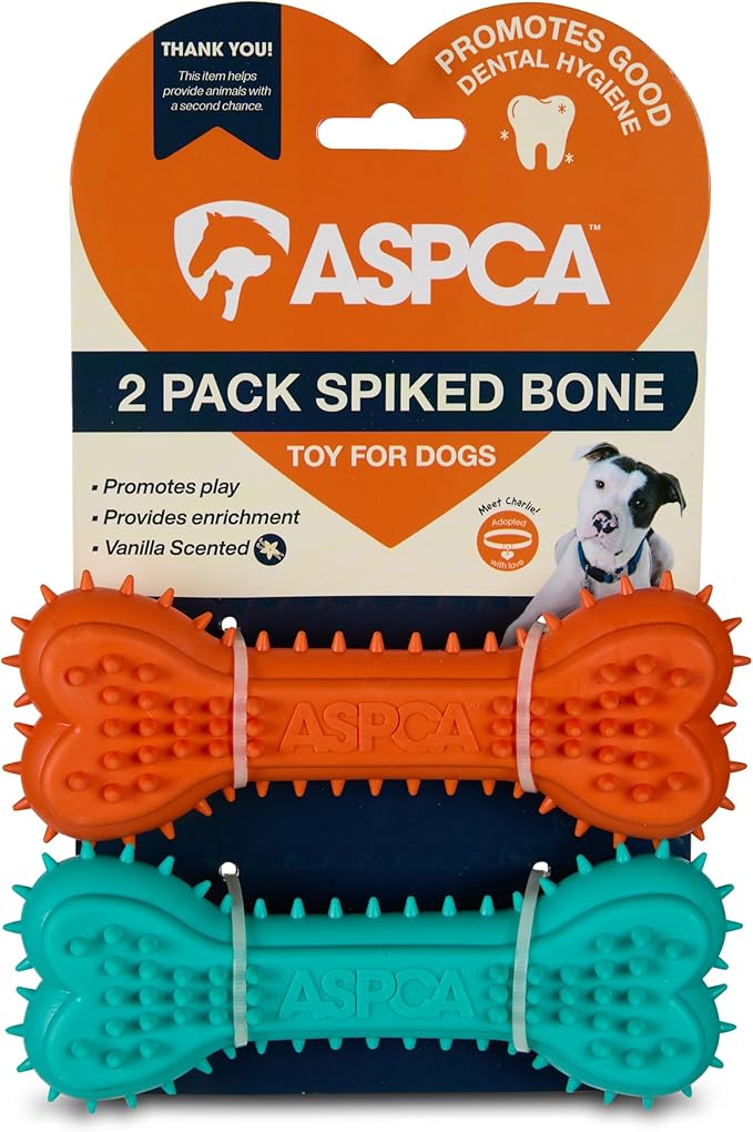 ASPCA 2-Pack Spiky TPR Puppy Teether Bones – Vanilla-Scented Teething Toys for Gum Relief, Gentle Chewing & Interactive Play