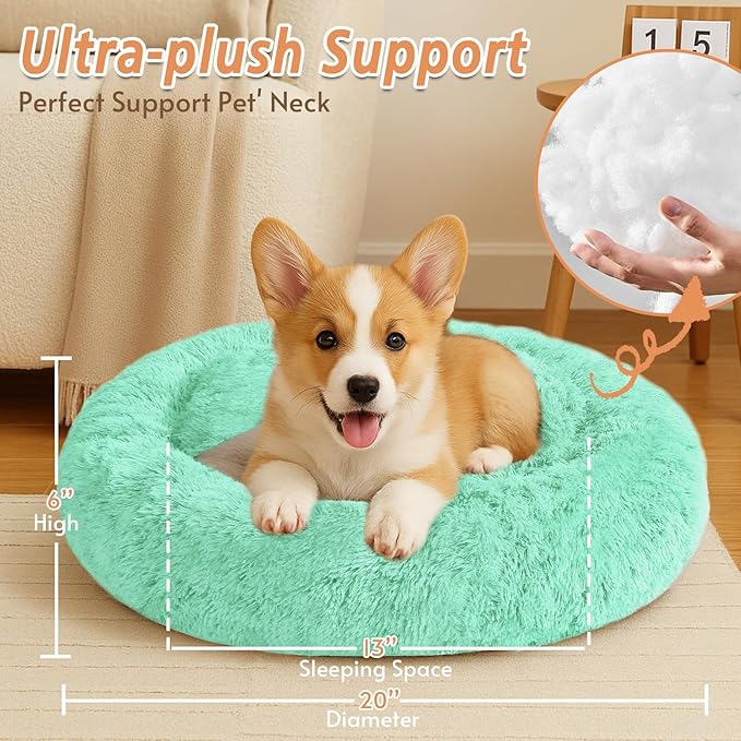 JOLLYVOGUE Calming Small Dog & Cat Bed for Indoor Cats - 20 inches Washable Donut Bed for Kittens & Puppies, Anti-Anxiety Round Fluffy Plush Pet Beds (Fits up to 15 lbs, Mint Green)