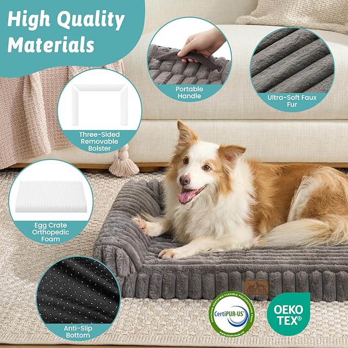 Cute Dog Bed for Extra Large Dogs, Faux Rabbit Fur Orthopedic Foam Dog Bed with Sides, Removable Washable Cover & Waterproof Lining, Comfortable Pet Couch, Grey (48" L x 35" W x 7.5" Th)