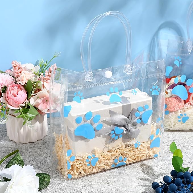 Teling 20 Packs Dog Paw Clear PVC Gift Bags with Handle Reusable Plastic Wrap Tote Bags Transparent for Puppy Pet Treat Party Favor Birthday Wedding Party, 8 x 8 x 3.15 Inch(Blue)