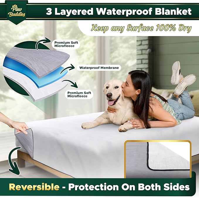 Paw Buddies Waterproof Blanket 80"x90" – Reversible Microfleece Throw for Couples, Pets & Family – Leakproof, Machine Washable Bed & Sofa Protector for Home or Travel