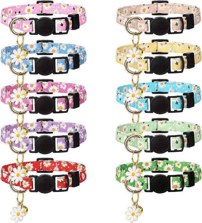 10 Pack Breakaway Cat Collars with Bells Flower Pendants Adjustable Floral Cat Collars Safety Kitten Collar with Bell for Girl Boy Cats