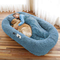 Human Dog Bed, 71''x45''x12'' Size Fits You and Pets, Washable Faux Fur Pet Bed for People Doze Off, Napping Orthopedic Dog Bed, Present Plump Pillow, Blanket, Strap - Rainbow