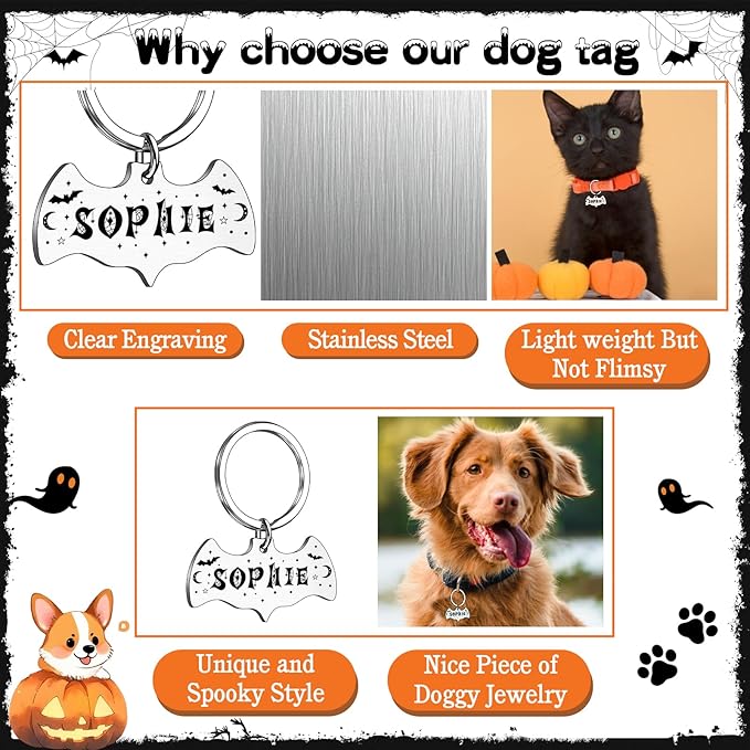 Personalized Pet Tags for Dog Cat, Custom Halloween ID Tags for Dogs, Dog Name Tags Engraved for Pets, Boo Basket Stuffers, Halloween Gifts for Dogs Lovers (Bat)