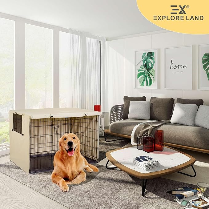 Explore Land 48 inches Dog Crate Cover Heavy Duty Polyester Pet Kennel Sunshade Universal Fit for Wire Cage (Light Tan)