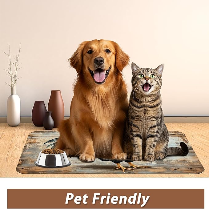 Rooster Dog Food Mat for Floors,Vintage Wood Panel Absorbent Quick-Dry Pet Feeding Mat,Cat Dog Bowl Mats for Food and Water,Non-Slip Pet Accessories Supplies 16"x24"