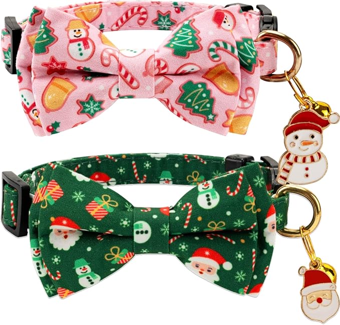 2 Pack Cotton Cat Collar with Bow Tie and Bell for Girl Boy Cats,Cute Pink Flamingo and Blue Whale Pattern Spring Summer Breakaway Cat Collar for Male Female Cats (Santa Claus & Snowman)