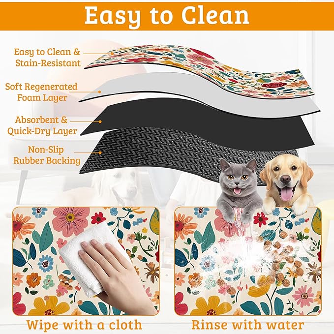 Colorful Flower Feeding Mat,Groovy Wildflowers Absorbent Quick-Dry Cat Dog Food and Water Bowl Mats,Non-Slip Rubber Backing Mat,Cat Dog Accessories Supplies 16" x 24"