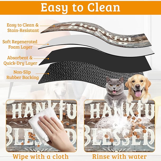 Thankful Feeding Mat,Blessed Absorbent Quick-Dry Cat Dog Food and Water Bowl Mats,Non-Slip Rubber Backing Mat,Cat Dog Accessories Supplies 16" x 24"