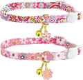 2 Pack Cotton Breakaway Cat Collars Set with Bell and Flower Pendant, Cute Floral Fruit Patterned, Adjustable 7.5-11Inch, Include A Mouse Toy Gift (Flower+Geometry)