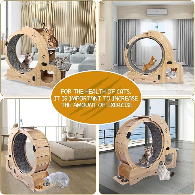 Cat Running Wheel,Cat Treadmill for Indoor Cats,Exercise Wheel Wood Climbing Frame,55''Oversized Roller Indoor Activity Center,Large (6-in-1)