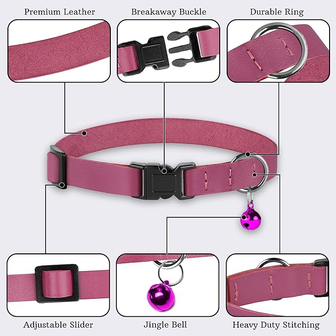 Breakaway Cat Collar with Bell - Leather Adjustable Kitten Collars with Safety Quick Release Buckle - Soft Small Pet Collars for Girl & Boy Cats (Pink)
