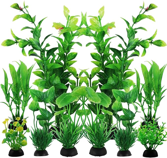 PietyPet Fish Tank Accessories Green Plants, 10pcs Green Fish Tank Decorations, Aquarium Decor Plastic Plants