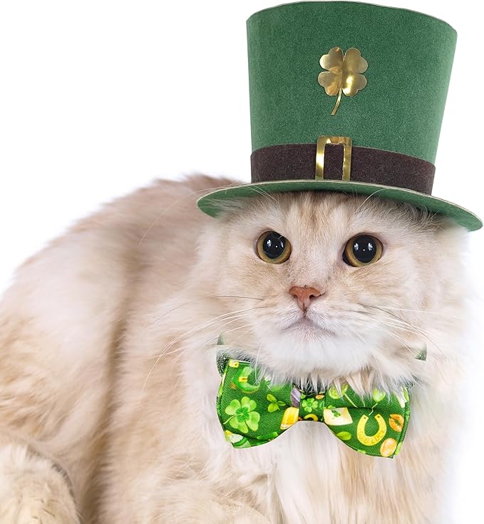 St. Patrick's Day Cat Bowtie - Green Clover Pattern with Festive Holiday Charms for Cats & Small Pets, Adjustable Pet Collar with Rainbow and Lucky Bell