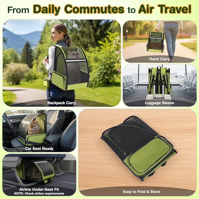 Cat Backpack Carrier for Travel Hiking: Expandable Foldable Breathable Mesh Soft Sided Ergonomic Design Small Dog Puppy Kitty up to 15lbs Camping Outdoor Green