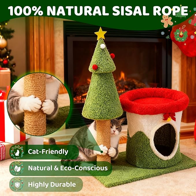 COSIEST 30in Christmas Cat Tree for Kittens, Kitty Condo with Top Perch, Small Cat Tree House with Sisal Scratching Posts, Cat Safe Christmas Tree Tower for Indoor Cats, Activity Center, Red & Green