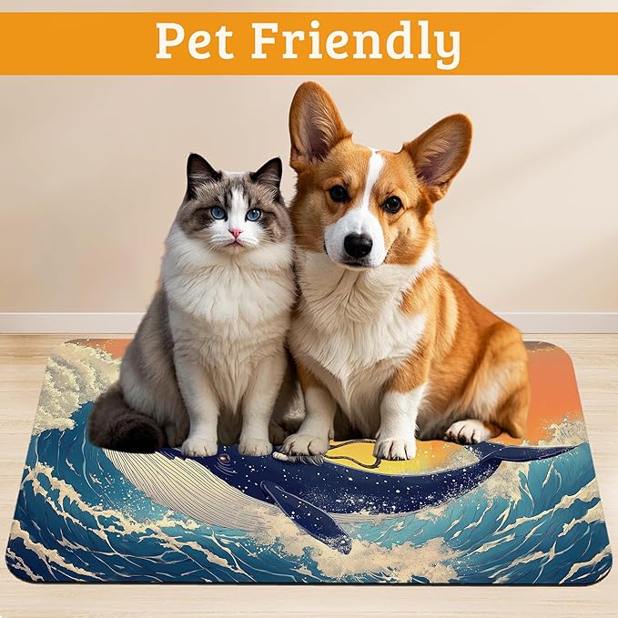 Dog Bowl Mat,Cat Shark Pet Feeding Mat for Floors Waterproof,Ocean Wave Absorbent Dogs Placemat for Food and Water Quick Dry Pet Cat Feeding Mats with Non Slip Bottom 12" x 20"