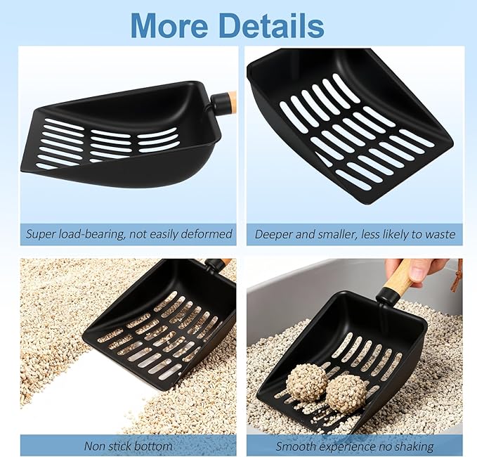 Cat Litter Scoop, Metal Litter Scoop, Heavy Duty Metal Cat Scooper for Litter Box, Black Sifter Scoop for Pellets, Wooden Handle Scoop with Hole, Kitty Necessity (5.5" Handle)